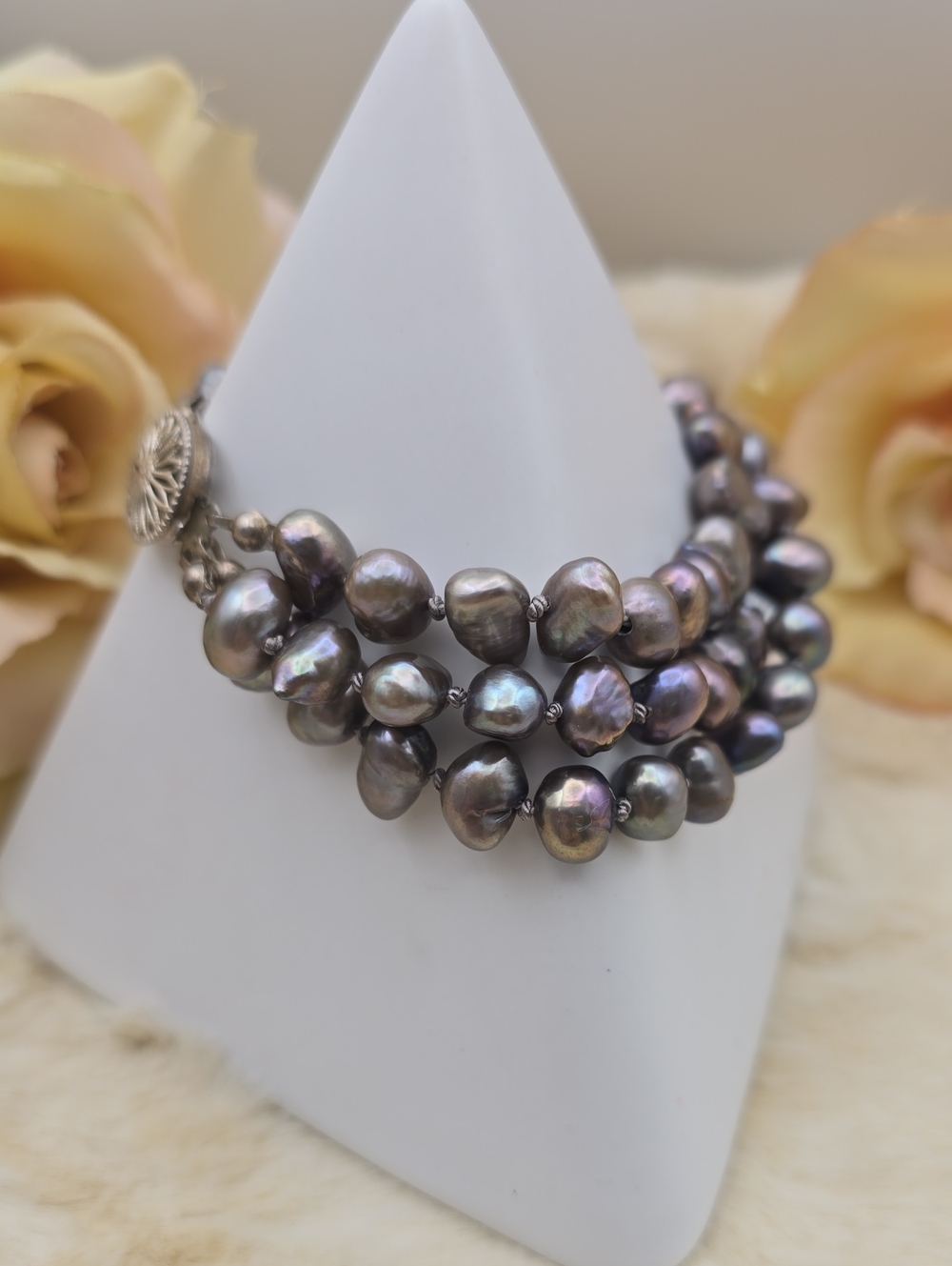 Vtg 3 Strand Peacock-Grey Baroque Freshwater Pearl Bracelet Clasp 925 V Delta
